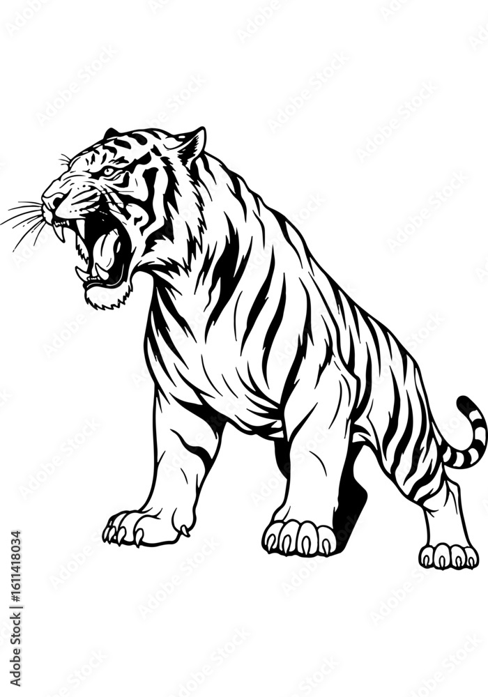 Obraz premium Powerful Roaring Tiger Illustration - Dynamic Black and White Line Art with Japanese Aesthetic, Symbolizing Strength and Courage