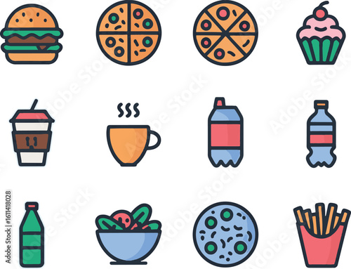 food and drink items icon bundle set colorful line art design stock royalty free image premium quality