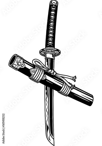 Traditional Japanese Katana Sword and Scabbard Illustration. Ancient Samurai Warrior Weapon Art, Black and White, Historical Martial Arts.