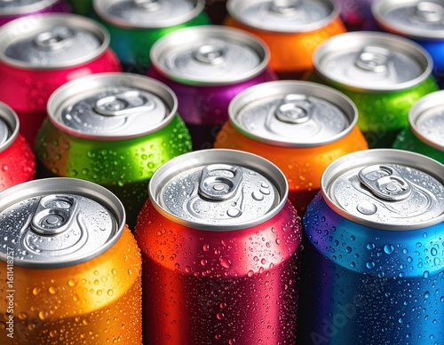 Close-Up of Chilled Soda Cans with Vibrant Condensation Droplets