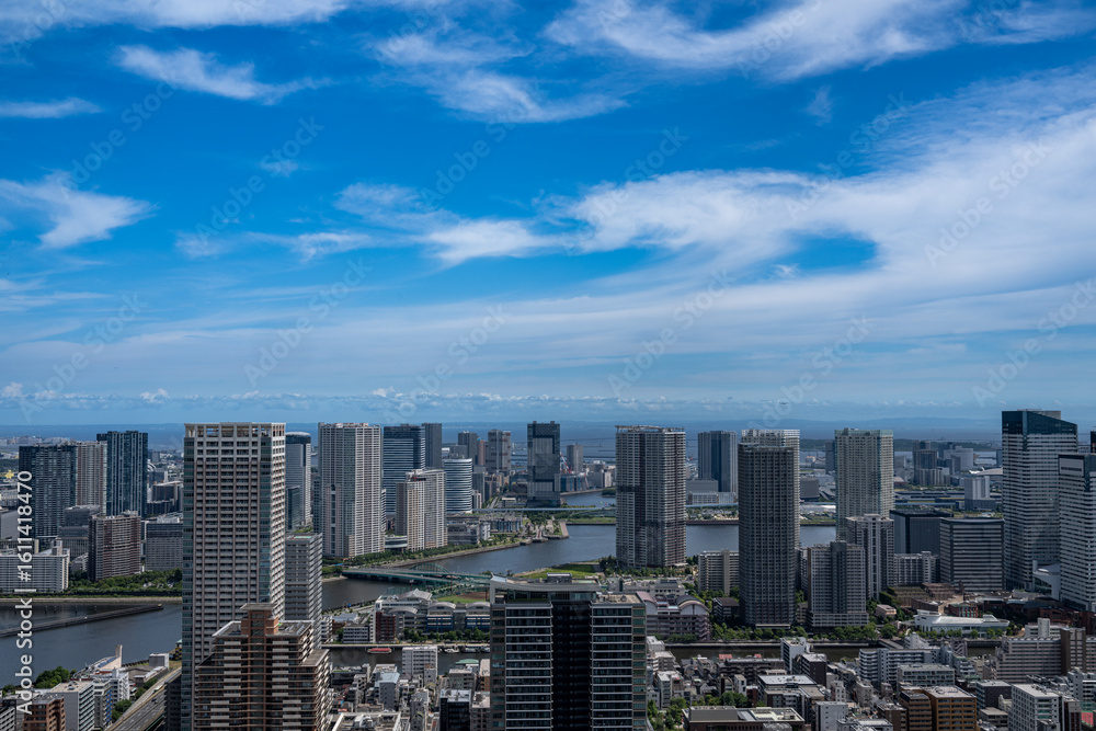 Fototapeta premium tokyo bay skyline with blue sky and many condominiums