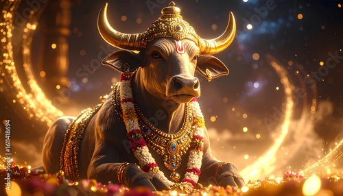 Majestic Gray Bull Adorned In Gold Jewelry On Dark Background, Close Up Portrait of Indian Lord Nandi