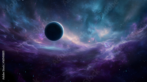 A dark planet surrounded by a vibrant nebula with purple and blue hues in the vast expanse of space