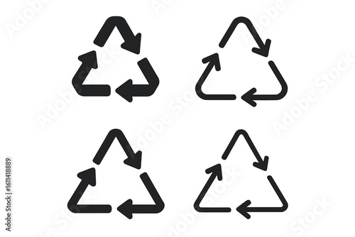Recycling symbol icon set. Vector collection of triangular signs with three arrows for product packaging. Eco friendly, sustainable, and reusable materials concept.
