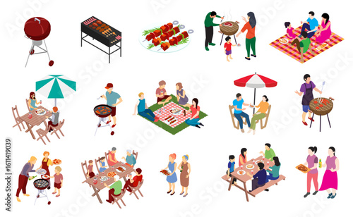 family grill barbecue party set kettle grill assorted food traditional preparing grilled meat picnic grass outdoor summer bbq party families friends illustration