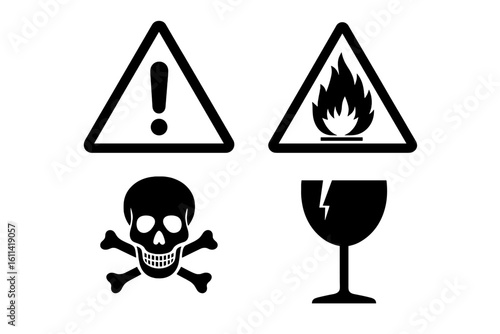 Hazard Symbols Vector Set for Packaging and Shipping: Toxic, Fragile, Flammable, Warning Icons, Safety Signs, Logistic Labels, Dangerous Goods Mark, Black Isolated Icons, Transparent Background