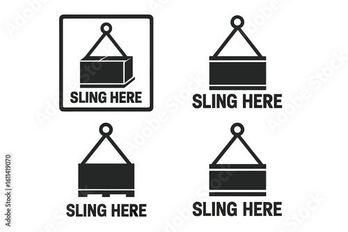 Sling Here international standard packaging symbol. Cargo and shipping handling instruction icon set. Logistics and transportation lifting point label for box. Vector.