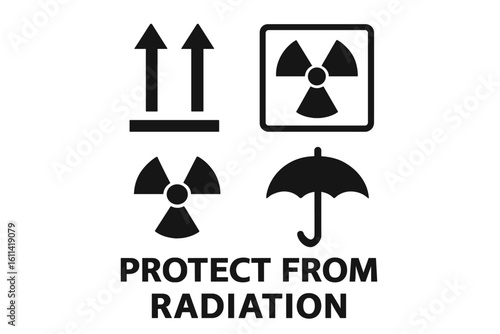 Packaging symbols vector set. Cargo handling icons for shipping. Protect from radiation, keep dry, this way up. Hazardous materials warning label illustration.