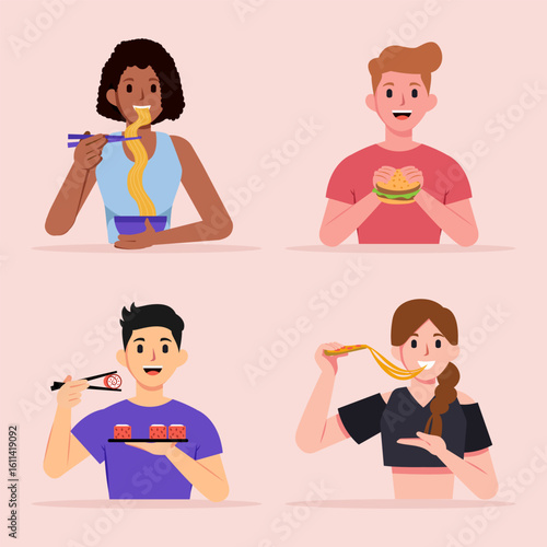 People enjoying various foods and drinks like coffee salad burger fries sausage and steak in casual lifestyle healthy and unhealthy eating concept flat cartoon style illustration