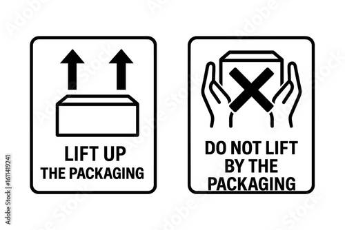 Set of manipulation symbols for packaging goods. Lift up the packaging and Do not lift by packaging. Marking for products. Fragile handling cargo vector icons set.