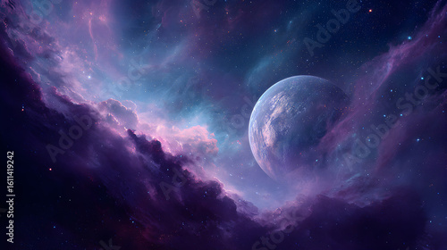 A celestial scene featuring a planet surrounded by vibrant nebulae and twinkling stars in deep space