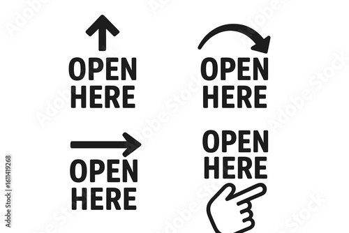 Set of 'Open Here' manipulation symbols for packaging products. Vector icons with arrows and pointing hand for shipping boxes. Marking for goods and delivery.