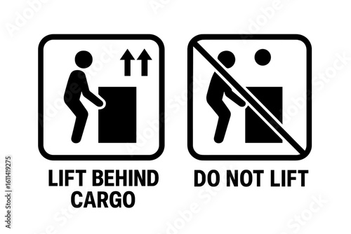 Set of manipulation symbols for packaging goods. Lift behind cargo and do not lift marking. Handling instruction icons. Warning pictograms for shipping products. Vector signs.