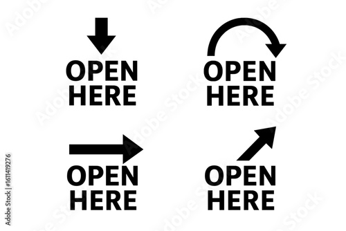 Set of Open Here manipulation symbols for packaging products. Marking for goods with arrow. Vector elements for package and delivery box. Unpacking instruction label.