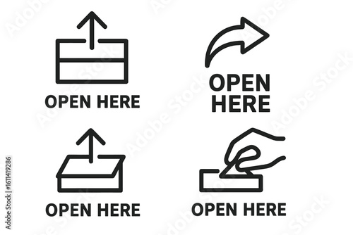 Open Here packaging symbol icon set. Vector labels for product goods, shipping boxes, and parcel handling instructions. Package marking illustration collection.