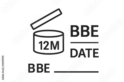 PAO and BBE date icon set for packaging. Period after opening 12 months symbol. Best before end date marking. Vector graphic for cosmetic, food and product labeling concept.