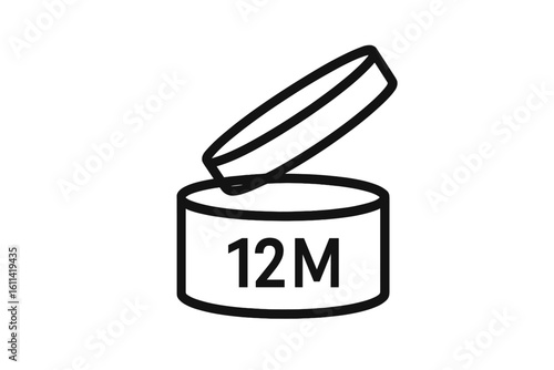 PAO 12M symbol. Period After Opening icon for cosmetic packaging. Shelf life and expiration date vector sign. Open jar label for beauty and skincare product safety info.