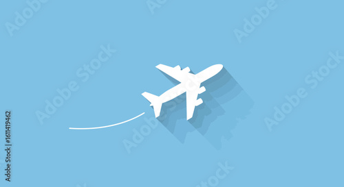 Airplane flight minimal design with long shadow on blue background concept