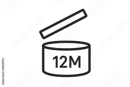 Period after opening PAO 12M symbol. Vector icon for cosmetic packaging design. Expiration date label. Shelf life concept for beauty and skin care products. Isolated.