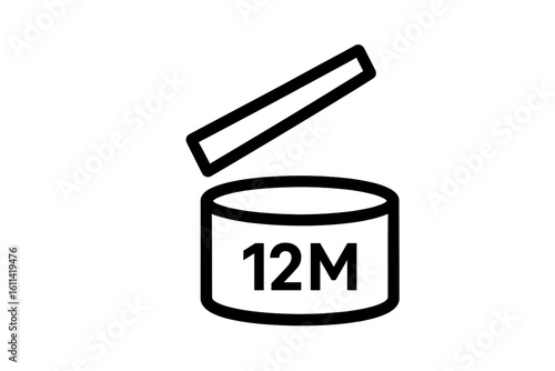 PAO symbol 12m. Period after opening icon. Cosmetic packaging marking. Open jar sign showing 12 months storage period. Product shelf life expiration date vector logo.