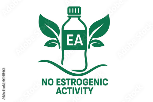 No estrogenic activity icon. EA free plastic bottle with green leaves. Symbol for non-toxic, hormone-safe, endocrine disruptor free material. Eco, BPA free product label.