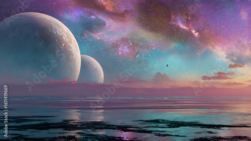 Two large planets visible over the ocean with a colorful sky and galaxy background in the distance
