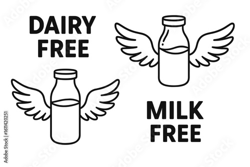 Dairy free and milk free vector icon set for product packaging. Food label stamp for lactose intolerance and allergy. Bottle with wings symbol of freedom from dairy.