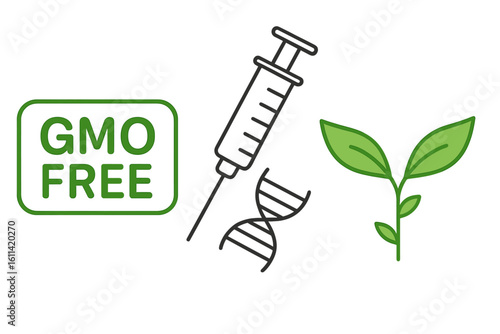 GMO free label. Concept of genetic engineering in food. Syringe, DNA, plant sprout icons. Non-GMO, organic agriculture. Biotechnology and science vector illustration.