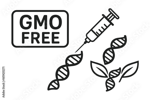 GMO free icon. Genetic modification concept. Syringe injecting DNA helix. Non-GMO food labeling. Biotechnology and gene engineering vector symbol for agriculture products.