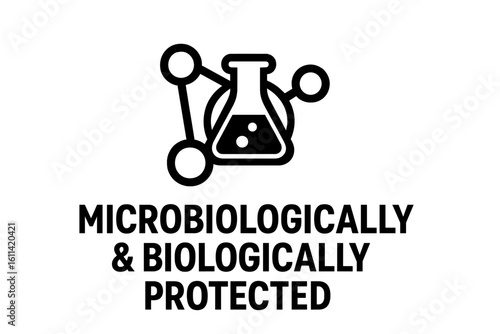 Concept for product packaging, marking for microbiologically and biologically protected materials. Molecule with a scientific laboratory flask as a symbol of research.