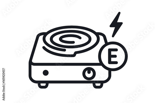 Electric hotplate vector icon. Concept for product packaging marking. Electric heating element symbol. Portable cooker cooktop stove burner flat illustration with E energy sign.