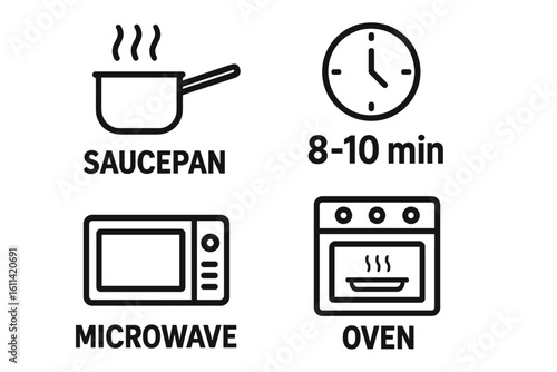 Cooking instructions icon set. Food preparation guide. Method and time symbols for packaging. Saucepan, microwave, oven, timer. Vector line elements for product label.