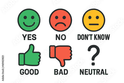 Feedback and rating icon set. Emoticons for survey, yes no vote. Customer review satisfaction level. Good, bad, neutral faces. Thumbs up, thumbs down symbols.