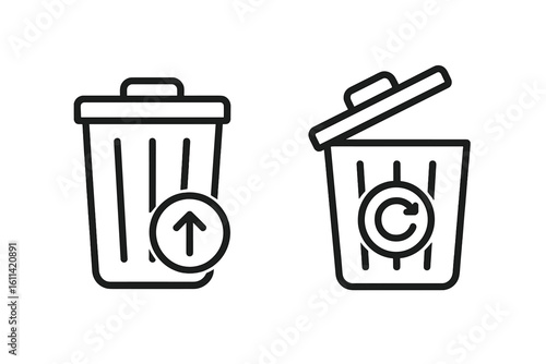 Trash can icon set. Delete and restore data symbol. Recycle bin vector illustration. Black line art design for web interface. Open and closed trashcan sign. UI UX element.