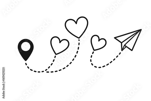 Paper airplane flight path with hearts. Romantic trip or love journey concept. Geolocation pin icon to destination. Dotted line route in the shape of a heart. Doodle vector.