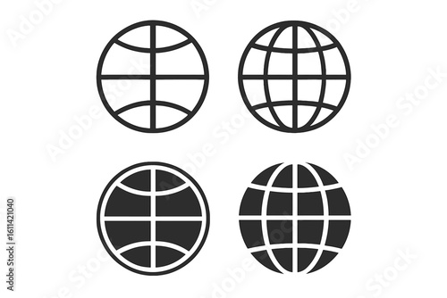 Globe icons set. Web globe flat linear icon collection. Silhouette of the earth with meridians. Planet symbol for internet and website. Vector graphic element design.