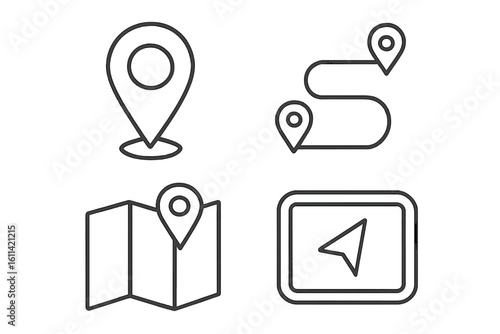 Location, navigation, and route vector line icon set. GPS navigator symbol, map pin, and destination path. Simple outline icons for web and mobile applications.