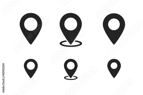 Map location pin icon set. GPS navigation pointer symbol collection. Destination marker for direction, address, or route. Isolated vector graphic element for web or app design.