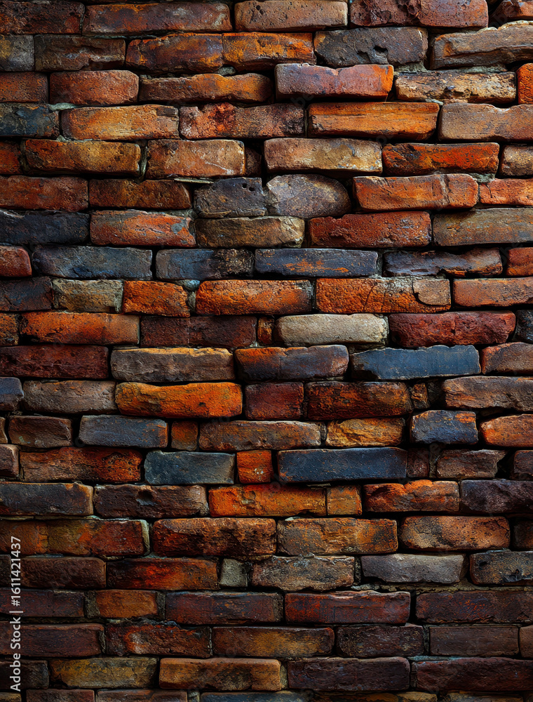 Obraz premium A detailed close-up of a weathered brick wall, showcasing rich, varied tones of brown, red, and black.