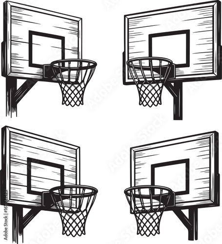 Hand drawn style Basketball hoop silhouette set isolated on transparent background