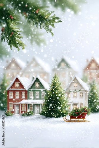 Art design Children's illustration with paints naive creativity New Year beautiful green Christmas tree, white houses in the style of Russian houses retro 1800, retro fun Santa 
