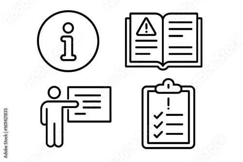 Information and instruction line icon set. User guide, manual, warning, and presentation symbols. Editable stroke vector pictograms for web, apps, and business projects.