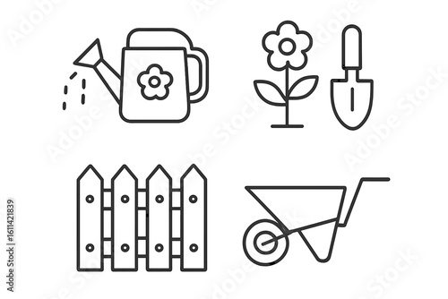 Gardening line icons set. Garden tools vector collection. Includes watering can, flower, shovel, fence, wheelbarrow. Simple outline symbols for horticulture and planting.