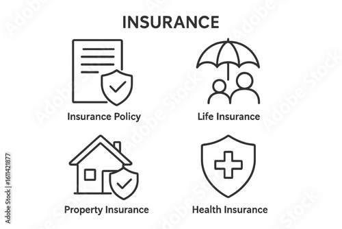 Insurance vector icon set. Life, property, and health insurance line icons. Family protection, home security, medical care, and policy contract pictograms. Editable outline.