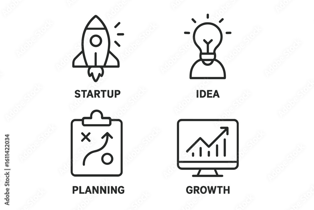 Obraz premium Startup business process icons. Conceptual linear set for new venture development. Includes rocket for launch, lightbulb for idea, strategy for planning, and chart for growth.
