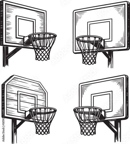 Hand drawn style Basketball hoop silhouette set isolated on transparent background