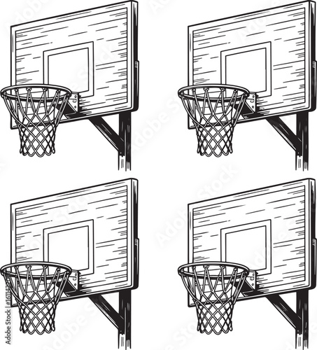 Hand drawn style Basketball hoop silhouette set isolated on transparent background
