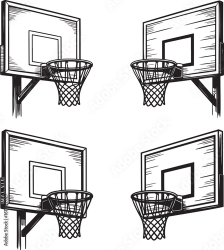 Hand drawn style Basketball hoop silhouette set isolated on transparent background