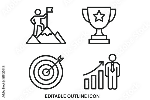 Business success and achievement vector icon set. Career growth and reaching goals. Leadership, winning a trophy, hitting a target. Man on mountain peak. Editable outline icons.