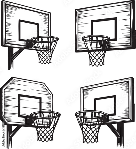 Hand drawn style Basketball hoop silhouette set isolated on transparent background